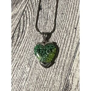 Alan K Sterling Silver MILLEFIORI Green Murano Glass Heart Pendant Necklace 24"